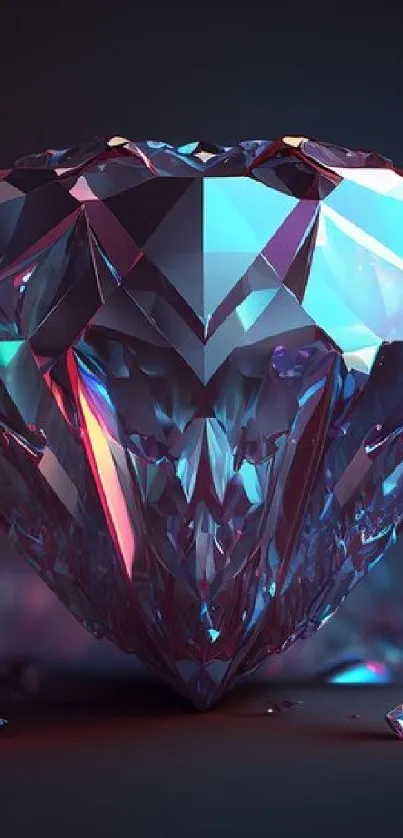 A vibrant heart-shaped crystal with purple and blue hues on a mobile wallpaper.