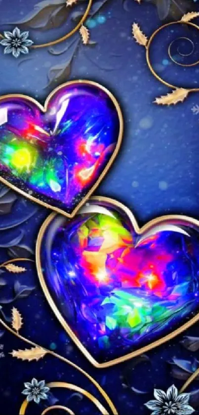 Heart-shaped crystal design with vibrant colors on deep blue background.