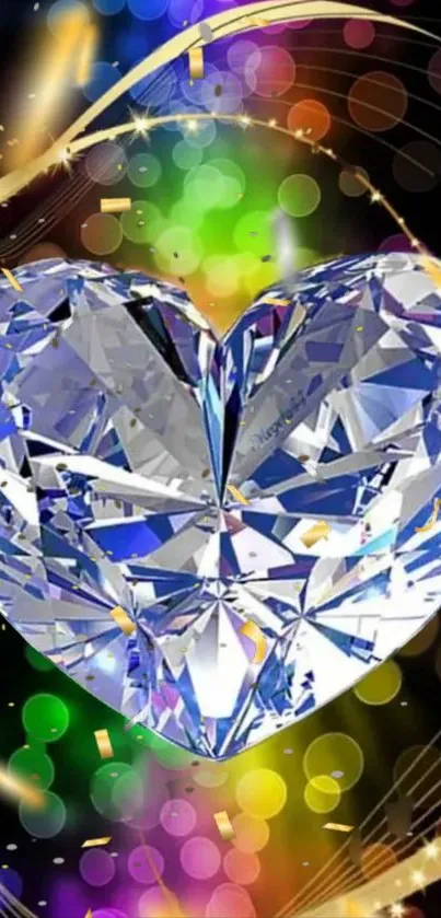 Heart-shaped diamond with vibrant colors and abstract lights background.