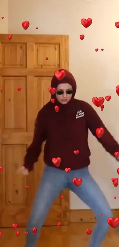 Person dancing with animated red hearts background.