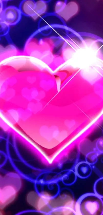 Bright pink heart with glowing purple swirls on a wallpaper design.