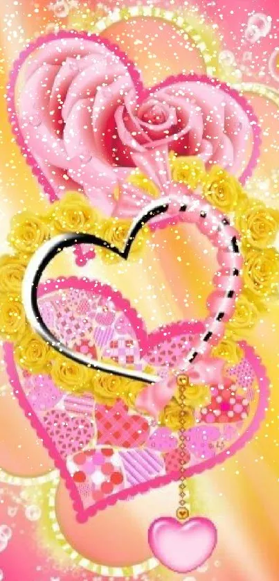 Vibrant hearts and roses wallpaper with colorful pattern.