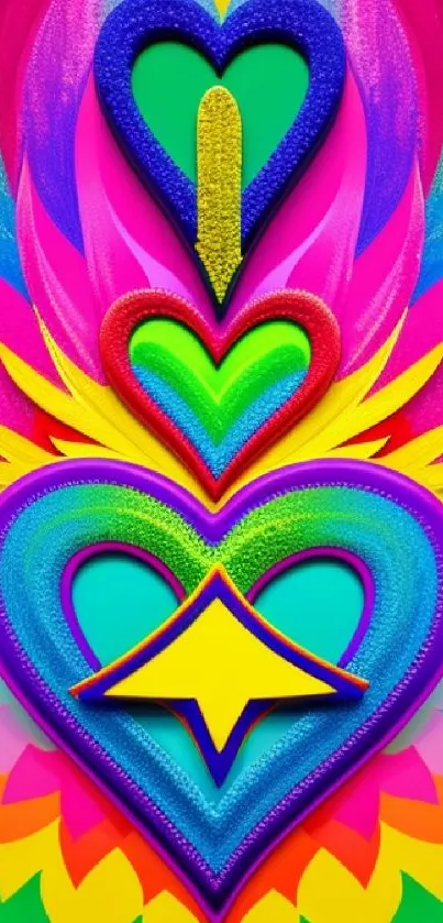 Vibrant heart design with rainbow colors and geometric patterns.