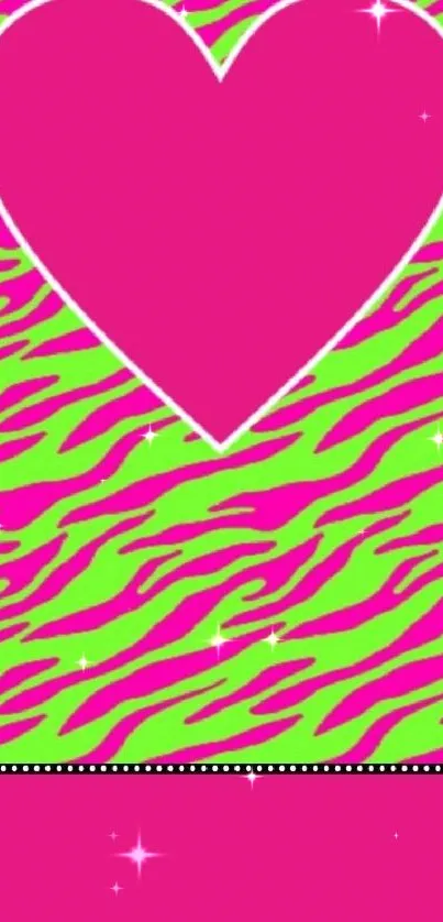 Vibrant heart wallpaper with pink and green patterns.