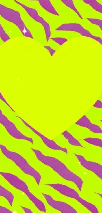 Neon yellow heart with purple stripes wallpaper.