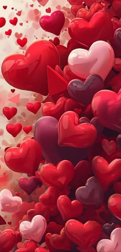 Vibrant mobile wallpaper with various red, pink, and maroon hearts.