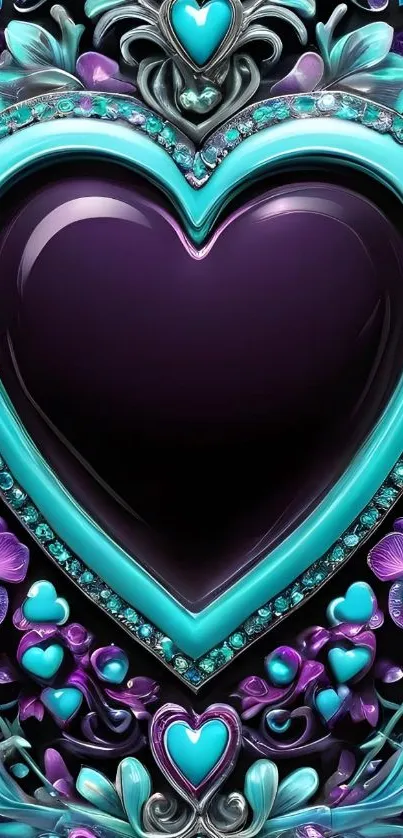 Vibrant teal and purple heart design wallpaper with floral accents.