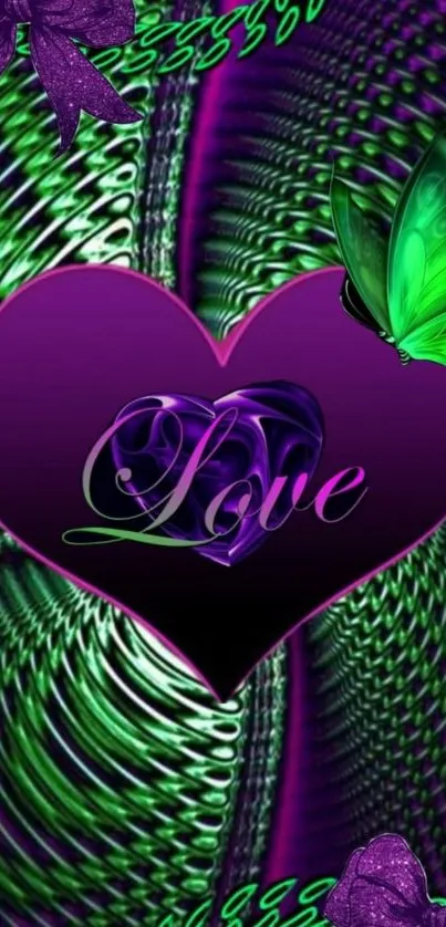 Purple heart design with butterfly and green accents.