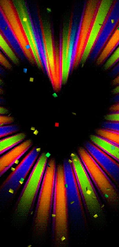 Vibrant heart with colorful neon beams on a black background.