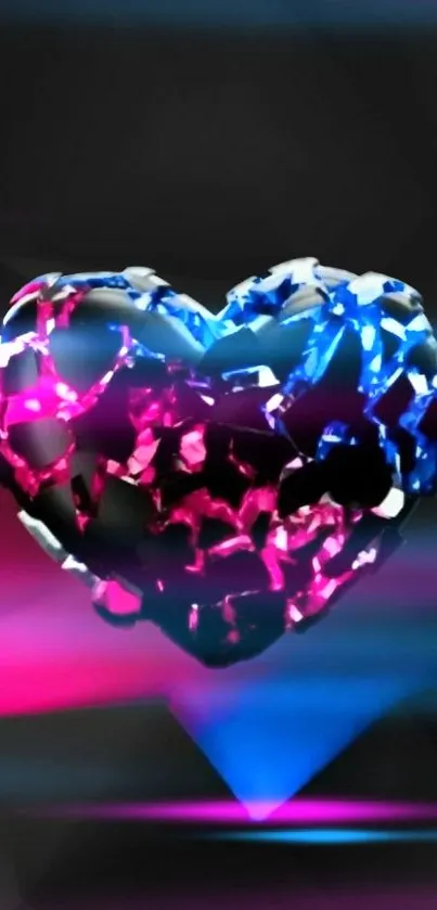 Digital heart with neon glow on dark background.