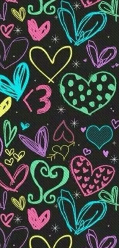 Vibrant neon heart doodles on black background, perfect for mobile wallpaper.