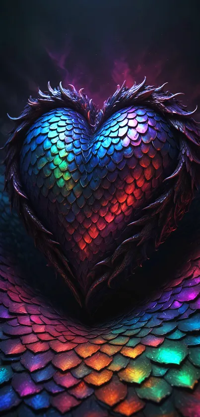 Vibrant heart with dragon scales in rainbow colors, perfect for mobile wallpaper.