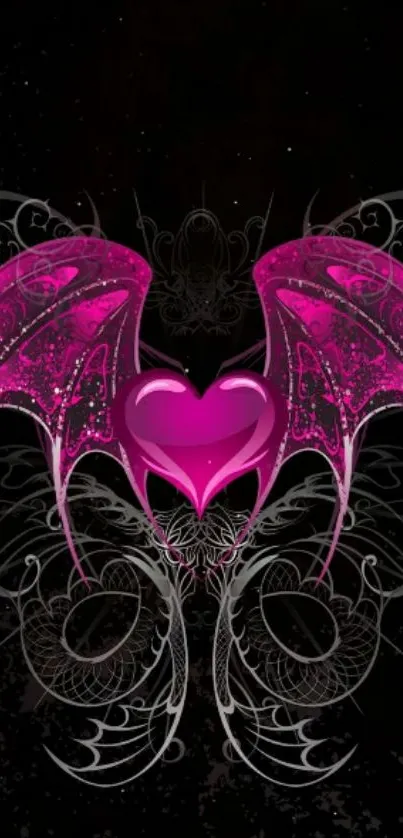 Magenta heart with dragon wings on black background.