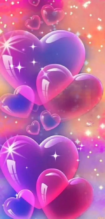 Glossy purple hearts on pink-orange gradient background.