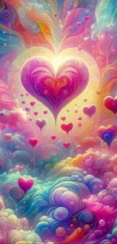 Colorful, dreamy heart and cloud wallpaper.