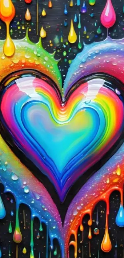 Vibrant heart-shaped paint drip design with rainbow colors.