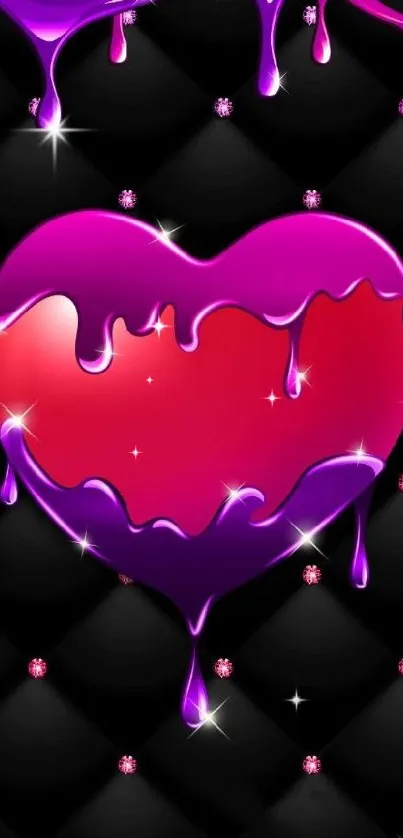 Purple and pink heart drip wallpaper with sparkling accents on dark background.