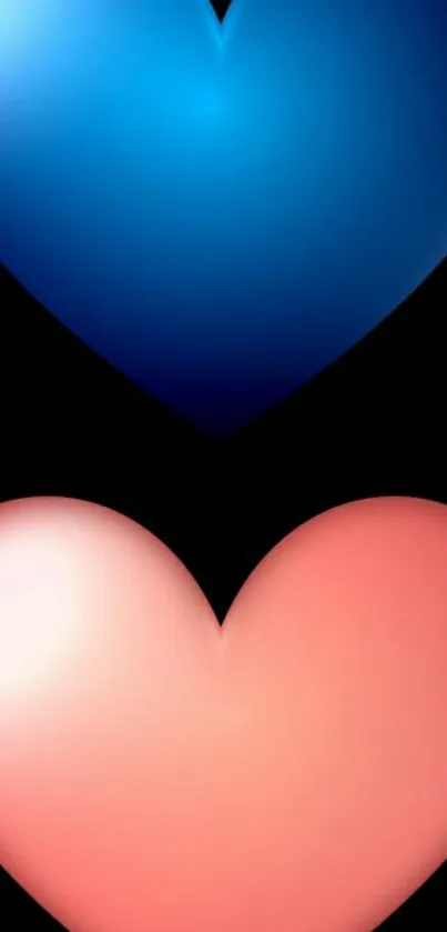 Two vibrant hearts, blue and pink, on a black mobile wallpaper background.