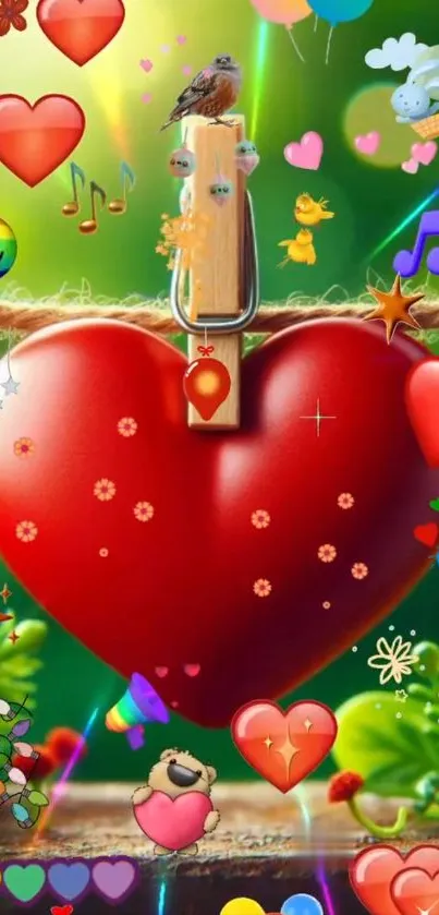 Vibrant heart emoticon wallpaper with colorful symbols and cheerful elements.