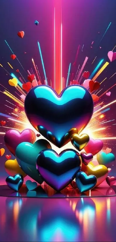 Vibrant hearts explosion wallpaper with colorful light effects.