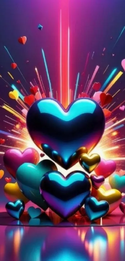 Vibrant hearts exploding with dynamic colors and light on a dark background.