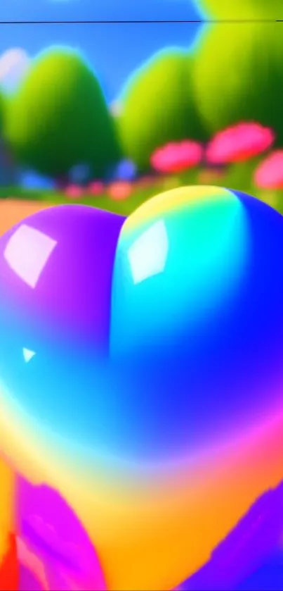 Colorful heart-shaped fantasy wallpaper on mobile screen.