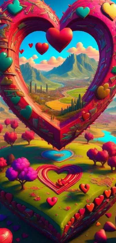 Vibrant heart-shaped landscape fantasy wallpaper with colorful and whimsical details.