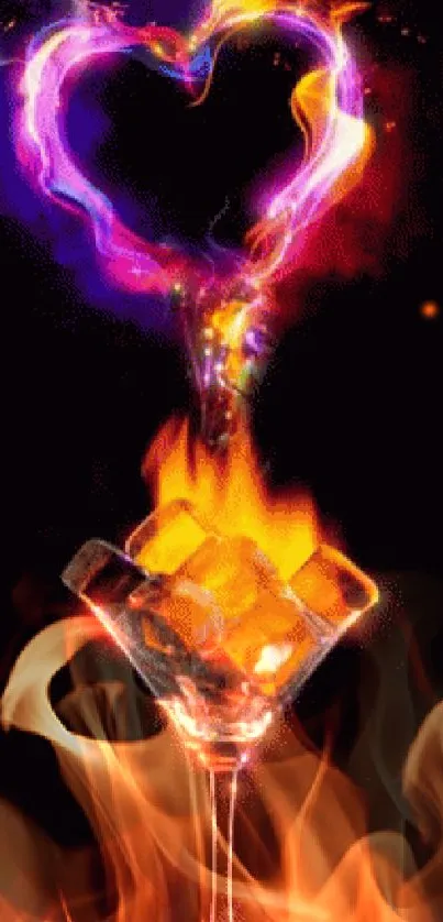 Heart-shaped fiery flames and ice in vibrant mobile wallpaper.