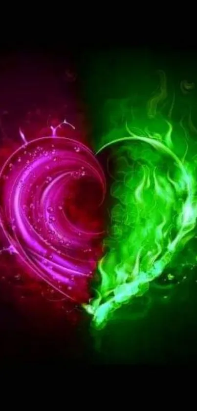 Neon pink and green heart fire wallpaper design.