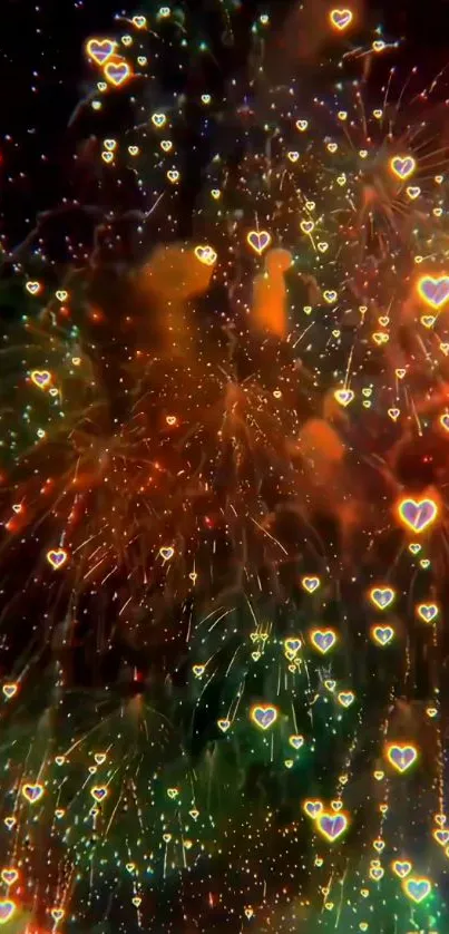 Heart-shaped fireworks in vibrant colors burst on a festive mobile background.