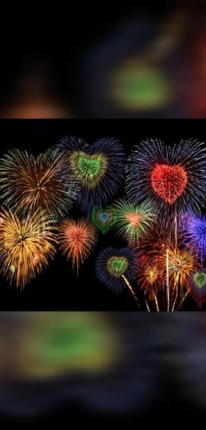 Colorful heart-shaped fireworks against a black sky, vibrant and festive display.