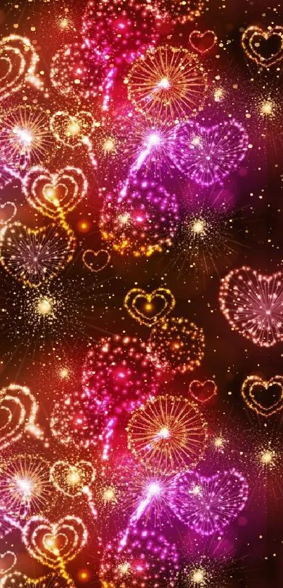 Heart and fireworks pattern on a vibrant wallpaper with warm, glowing tones.