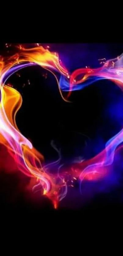 Heart-shaped vibrant flame artwork on a black background.