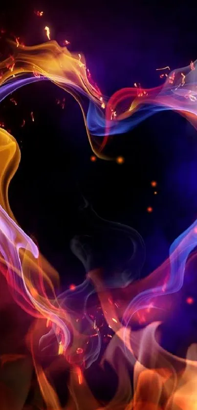 Heart-shaped colorful flame on a dark background.