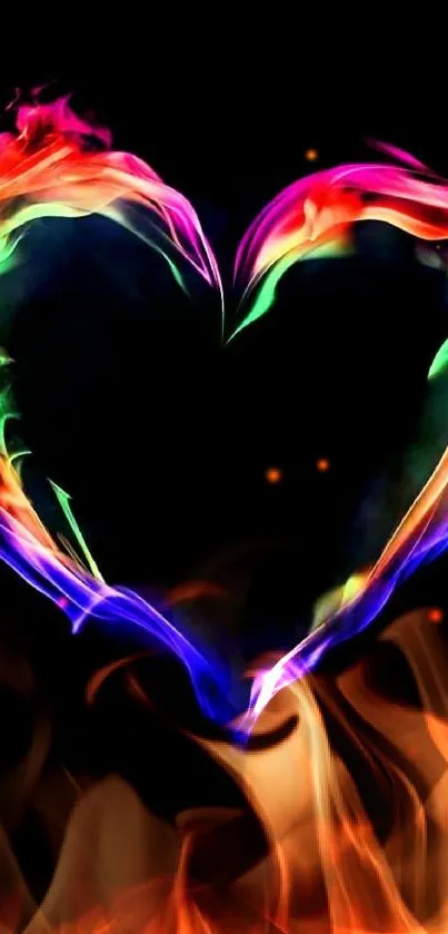 Vibrant neon heart flame on black mobile wallpaper.