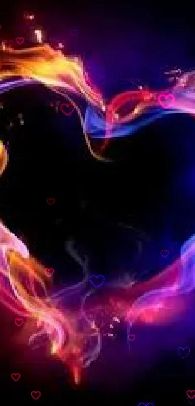 Heart-shaped colorful flame wallpaper with vibrant hues of blue, orange, and purple.
