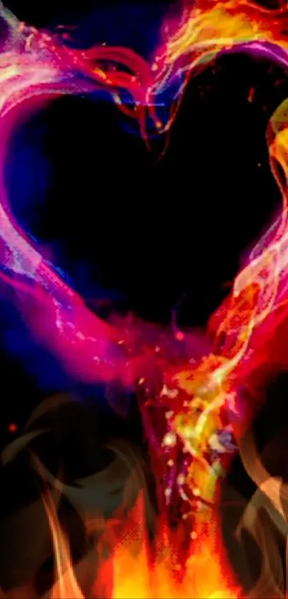 Heart-shaped flame with vibrant colors on a black background.