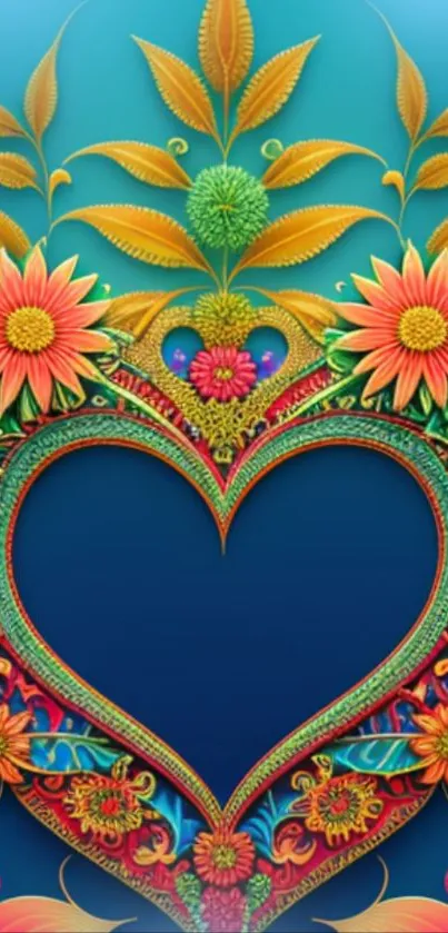 Vibrant heart floral design with colorful details and blue background.