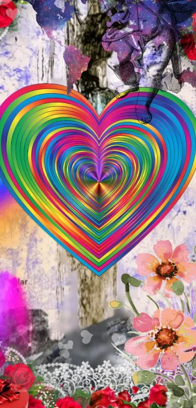 Vibrant rainbow heart with floral accents and abstract background.