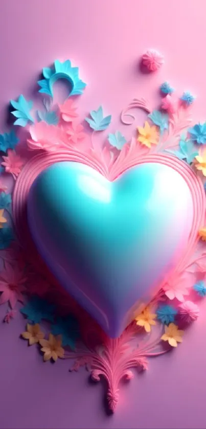 Turquoise heart with floral accents on pastel background wallpaper.