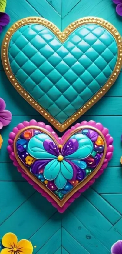 Vibrant heart-themed wallpaper with floral accents.