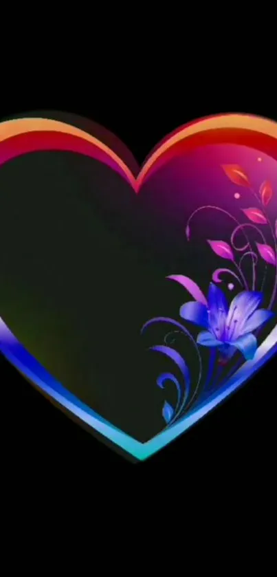 Colorful heart-shaped floral wallpaper with black background.