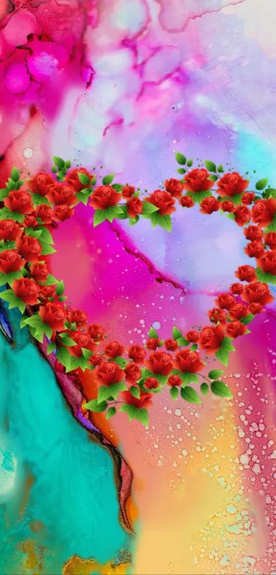 Colorful abstract wallpaper with heart-shaped red flowers.