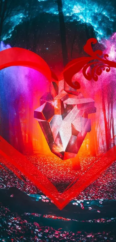 Vibrant heart with glowing colors in a mystical forest setting.