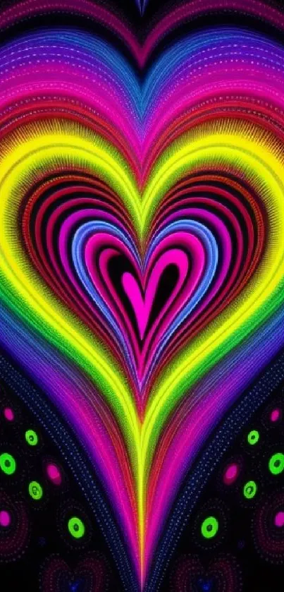 Vibrant neon heart fractal art wallpaper with a mesmerizing pattern.