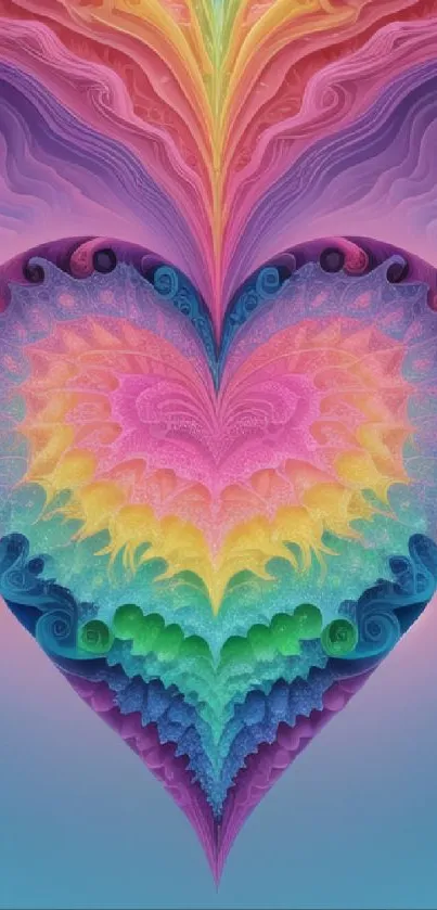 Vibrant heart-shaped fractal design with rainbow colors for phone wallpaper.