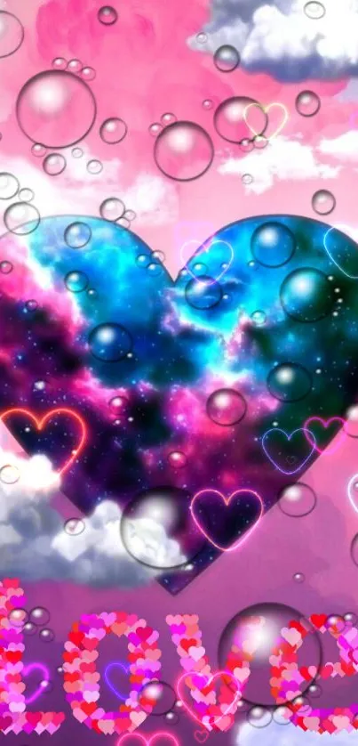 Galaxy heart on a pink cloud background with love motifs and bubbles.