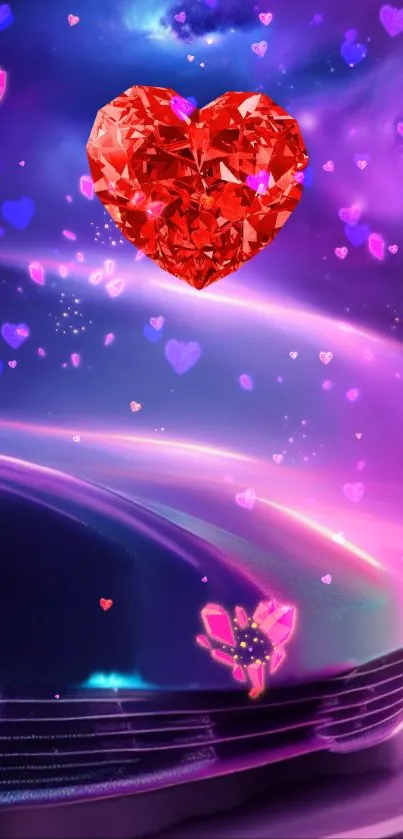 Red gemstone heart in a purple galaxy with floating pink hearts.