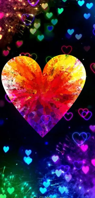 Colorful heart with glowing galaxy backdrop.