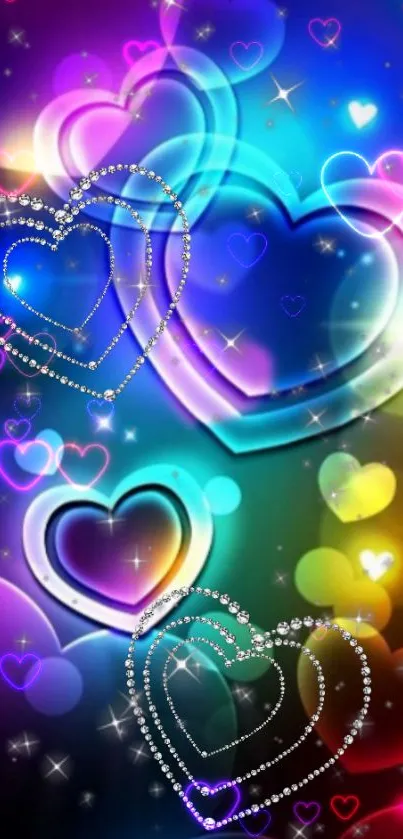 Colorful vibrant hearts with a galaxy background mobile wallpaper.